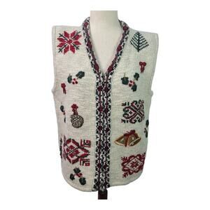 Woolrich Hand Framed Wool Knitted Zip Up Vintage Vest Winter Christmas Motif L